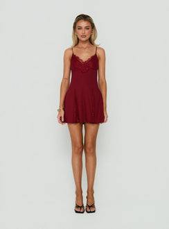 Bloomie Lace Godet Mini Dress Cherry Lacquer