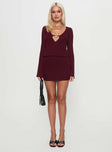 front view of model wearing Princess Polly Charming Long Sleeve Mini Dress Maroon V-Neck 