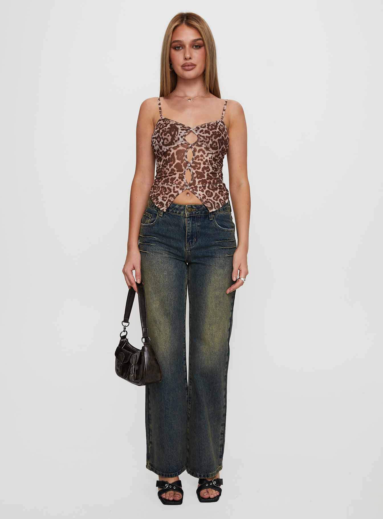 front view of model wearing Princess Polly Inverness Pinched Detail Wide Leg Jean Tea Mid Rise 