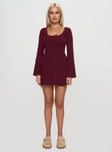 back view of model wearing Princess Polly Sandyra Knit Mini Dress Maroon Scoop Neck 