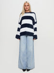 front view of model wearing Princess Polly Nerina Knit Sweater Blue / White Stripe Long 