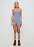 side view of model wearing Princess Polly Winslet Cami Top Blue Stripe Sleeveless Square Neck 