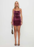 front view of model wearing Princess Polly Celena Velvet Mini Dress Purple Cowl Neck 