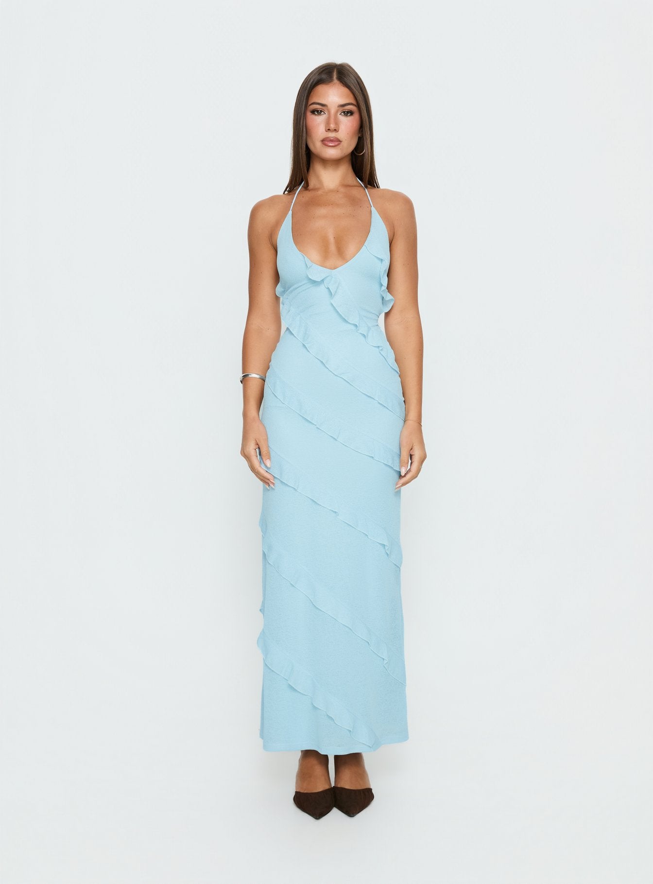 Adesta Frill Halter Maxi Dress Blue | Princess Polly