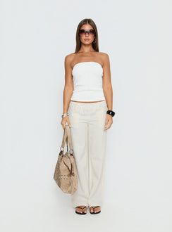 front view of model wearing Princess Polly Around The Clock Button Detail Mid Rise Wide Leg Pants Cream Mid Rise Pants 