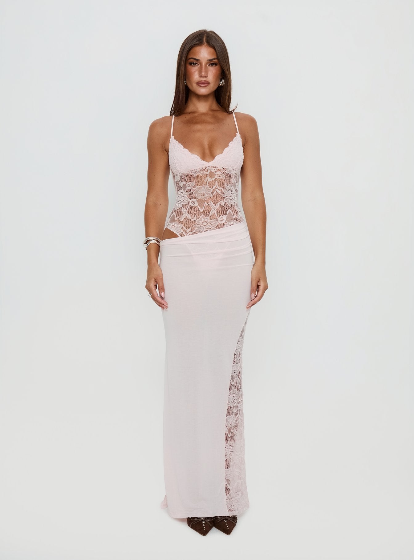 Chantella Lace Cut Out Maxi Dress Baby Pink | Princess Polly