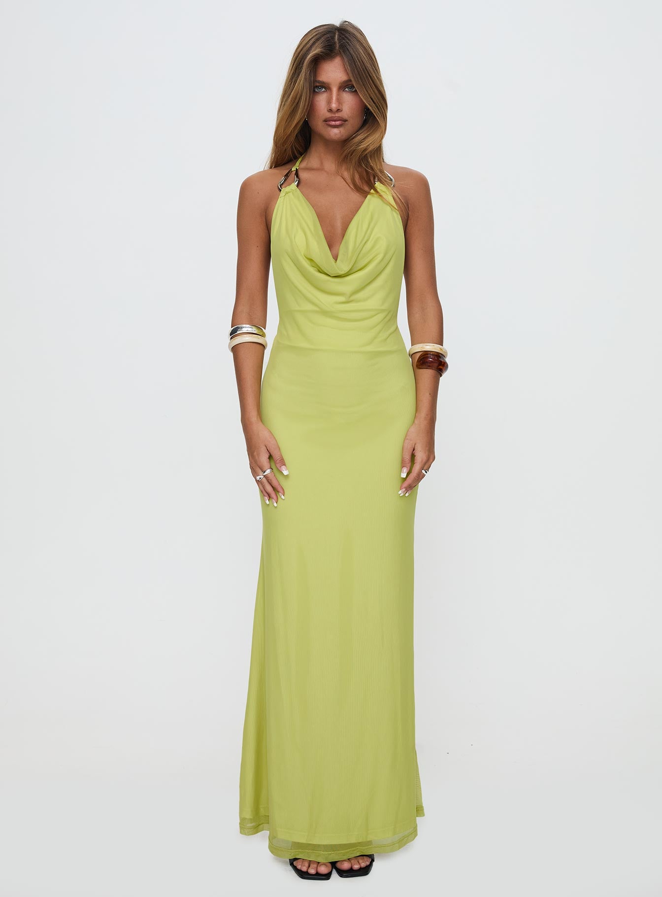 front view of model wearing Princess Polly Rhaenyra Halter Maxi Dress Green Plunger 