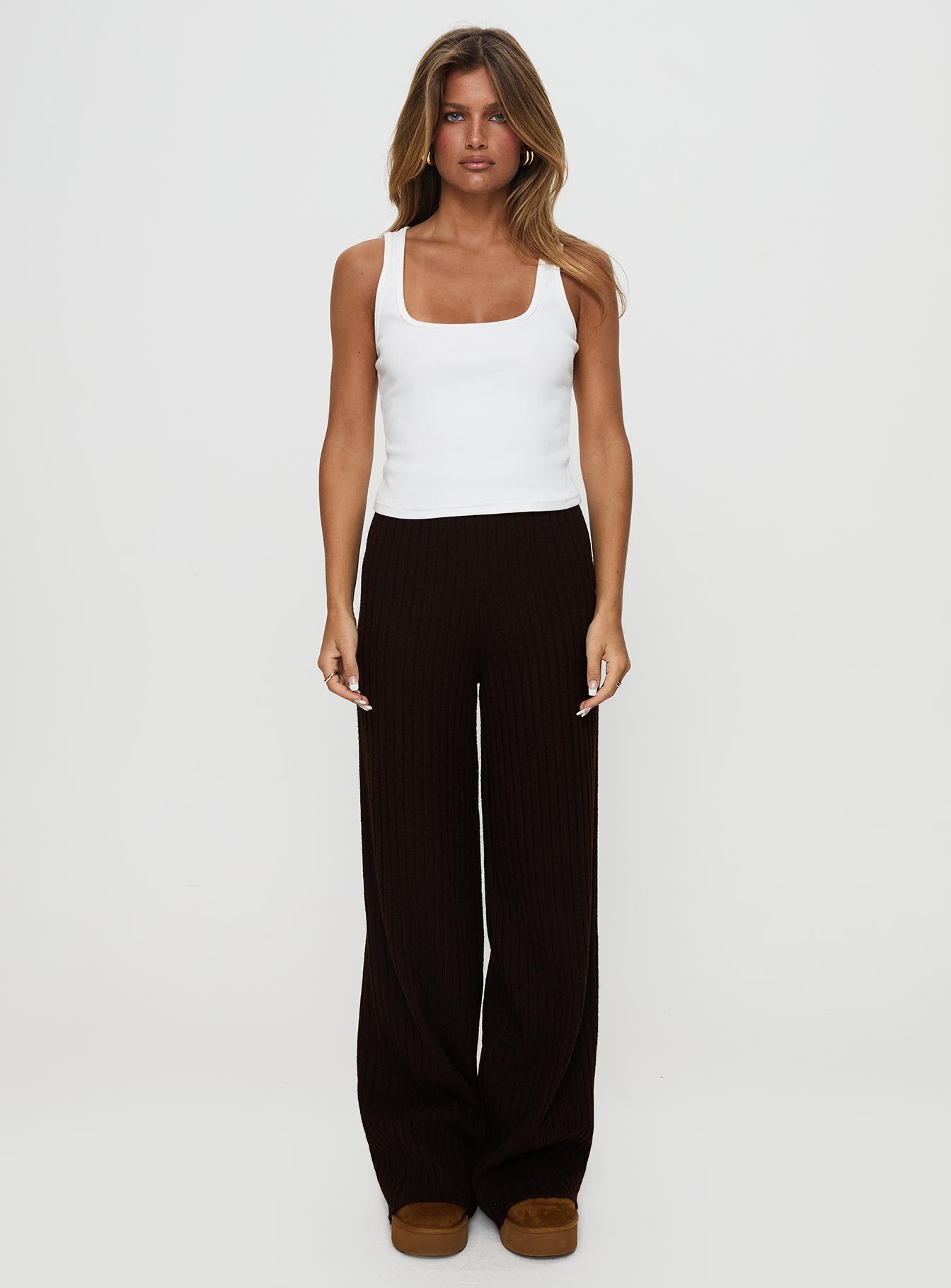 front view of model wearing Princess Polly Montana Knit Pants Chocolate Brown High Waisted Pants 