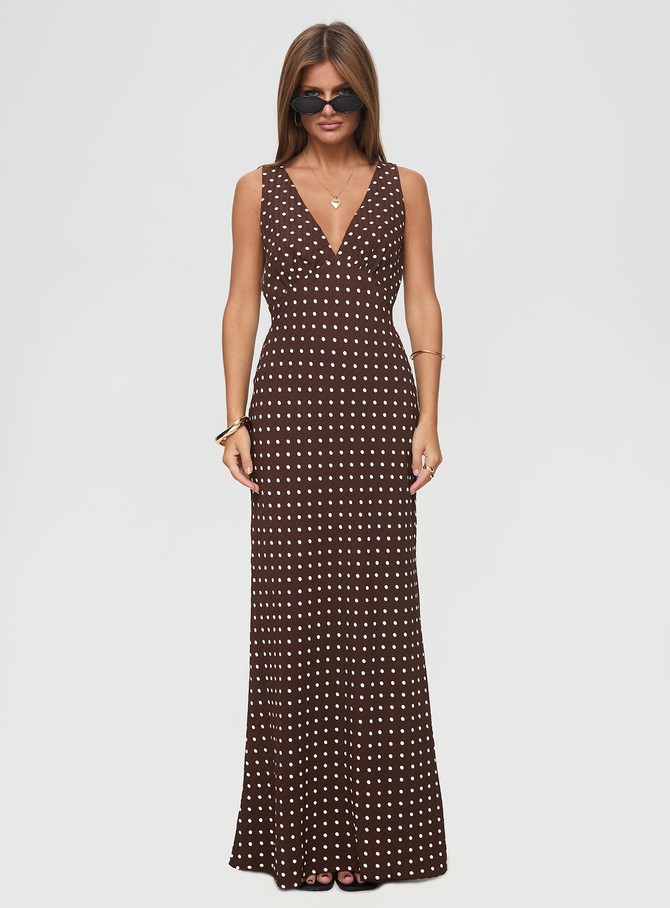 front view of model wearing Princess Polly Nellie Maxi Dress Brown Polka Dot V-Neck 