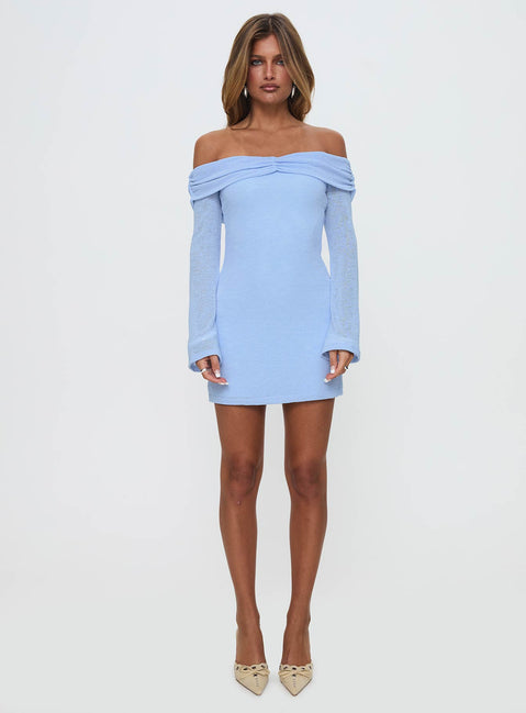embellished long sleeve mini dress in blue ARRANGE embellished geo cut work long sleeve mini dress in light blue