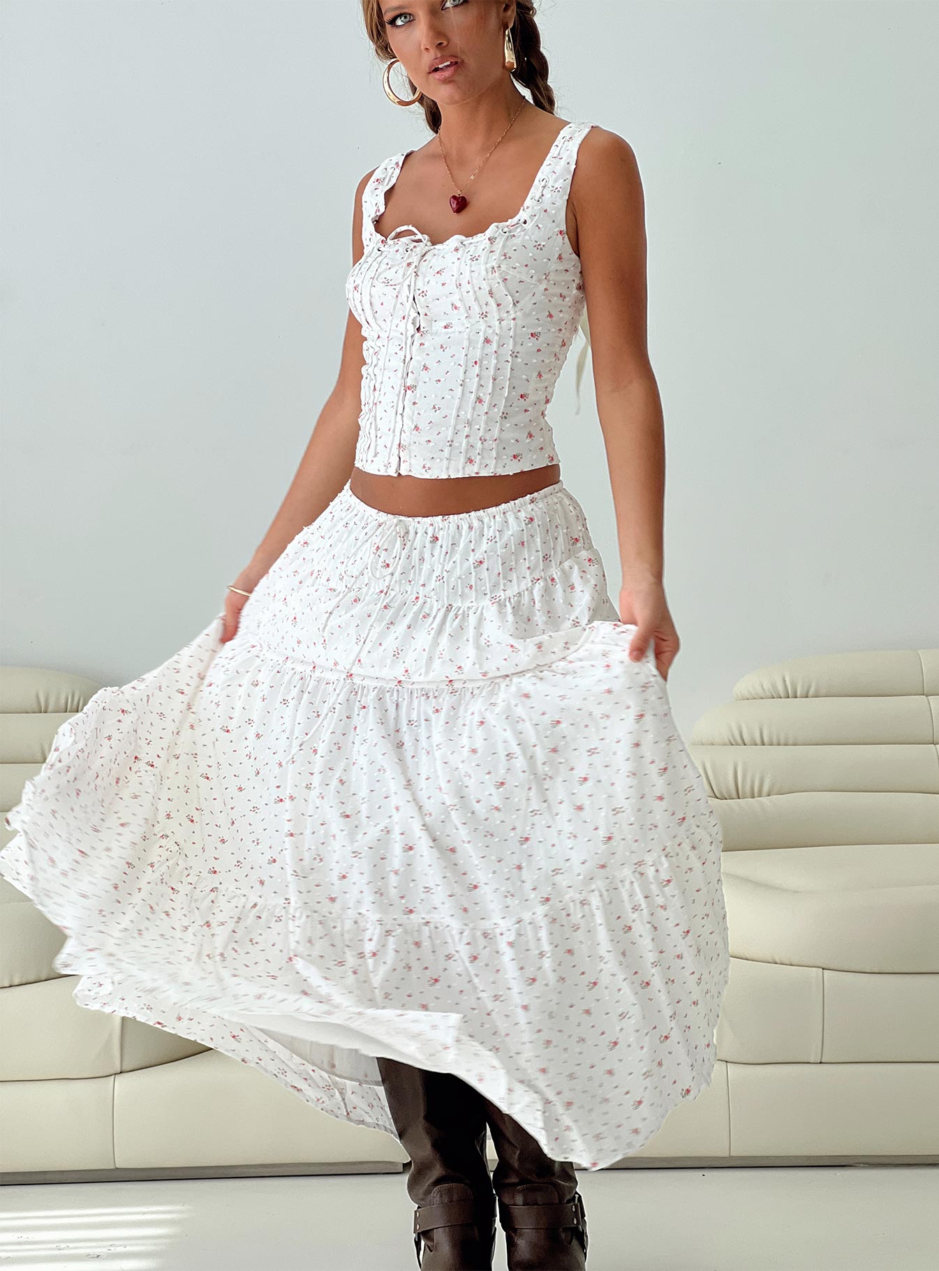 Cherry On Top Maxi Skirt White Floral | Princess Polly