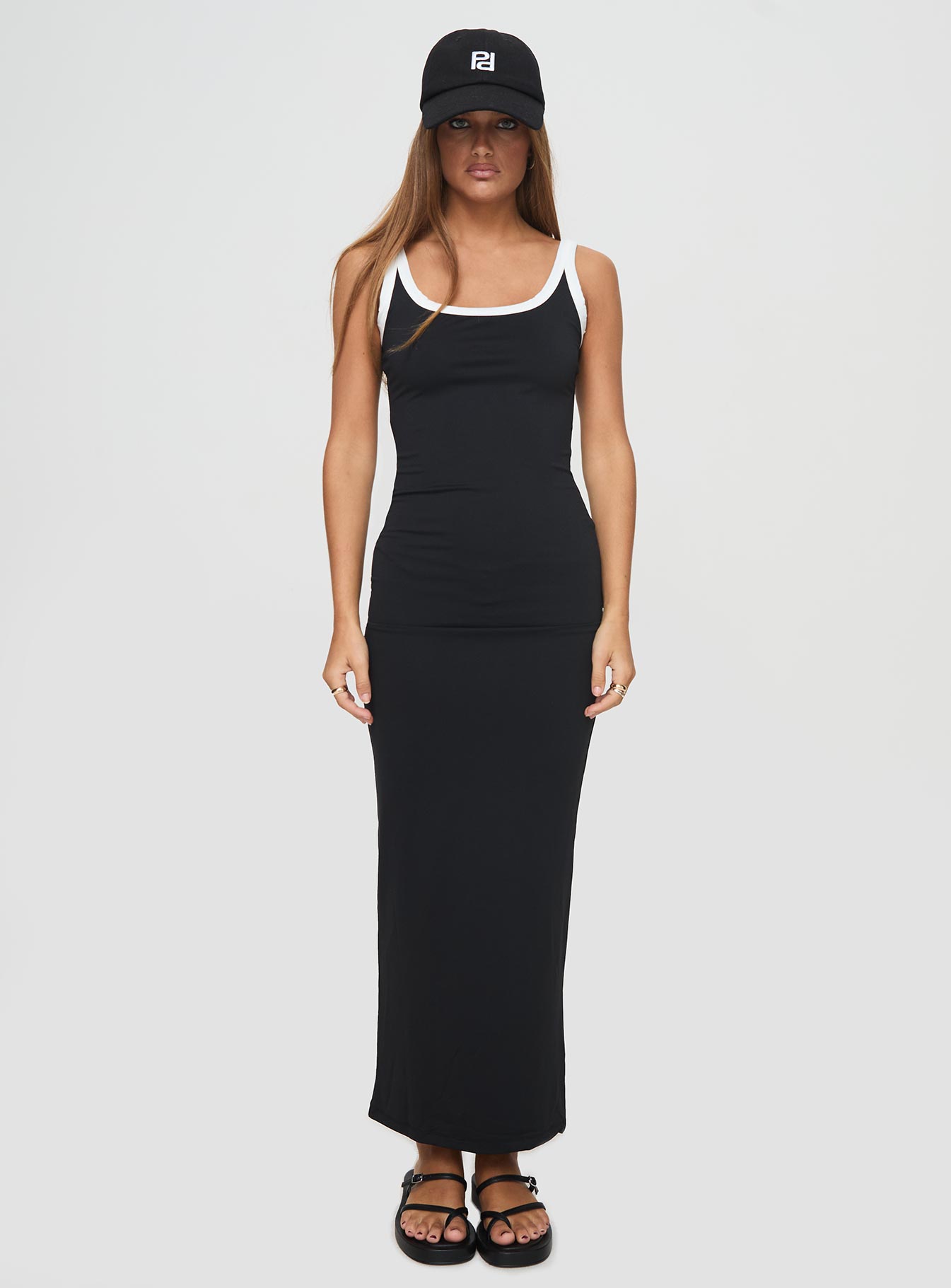 front view of model wearing Princess Polly Caputo Maxi Dress Black Scoop Neck 