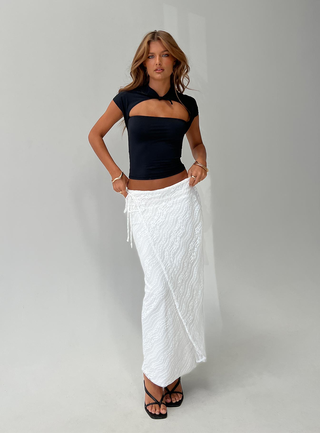   front view of model wearing Princess Polly Ring Her Up Lace Wrap Maxi Skirt White Maxi 