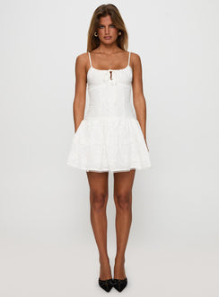 front view of model wearing Princess Polly Peonies Embroidered Mini Dress White Scoop Neck 