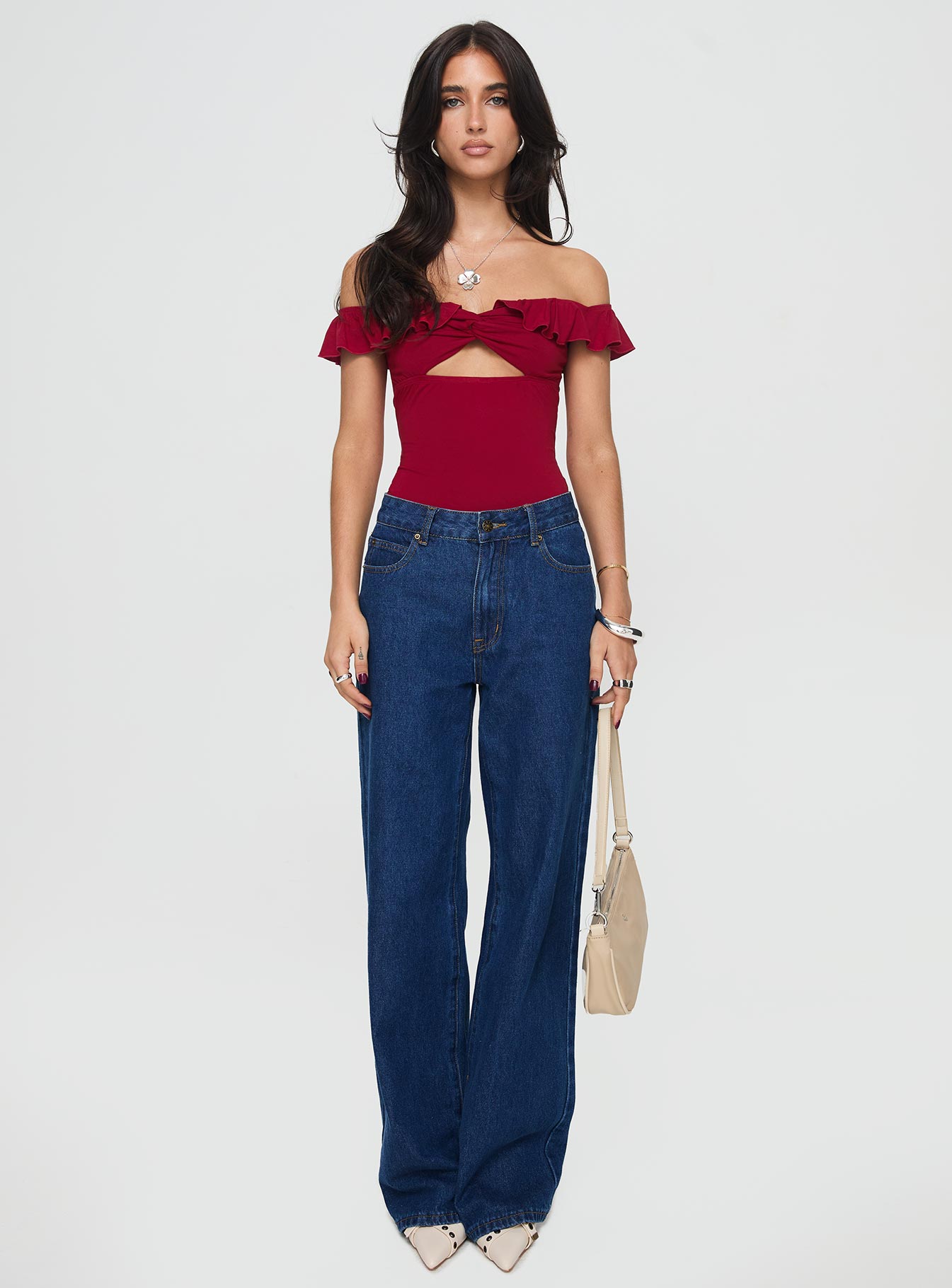 front view of model wearing Princess Polly Be Careful Off The Shoulder Bodysuit Red Short Sleeves V-Neck 