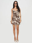 front view of model wearing Princess Polly Marilyn Mini Dress Brown / Floral V-Neck 