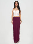   front view of model wearing Princess Polly Devon Maxi Skirt Burgundy Maxi 