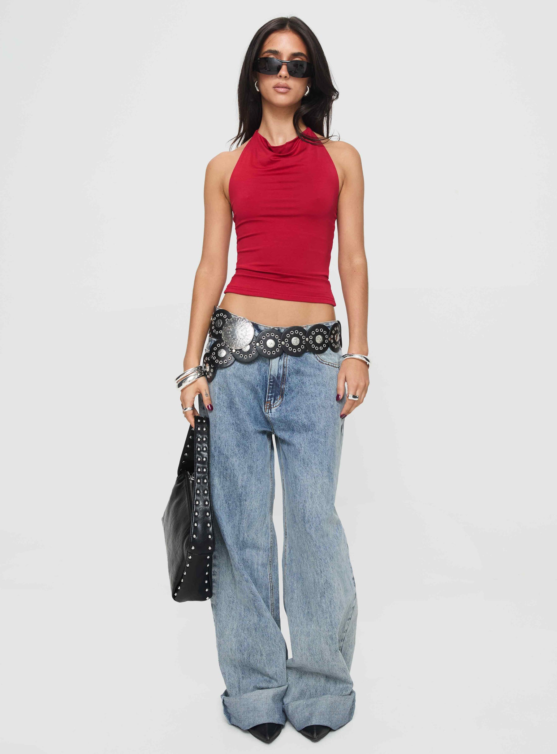 back view of model wearing Princess Polly Imposter Top Cherry Red Sleeveless Cowl 