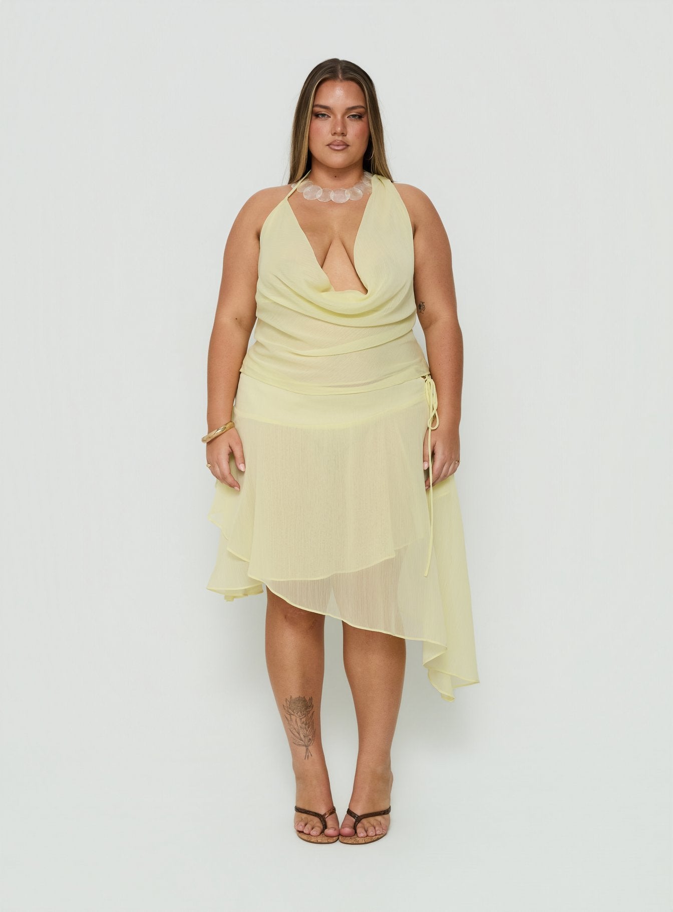 Evaleine Chiffon Cowl Neck Top Baby Yellow Curve
