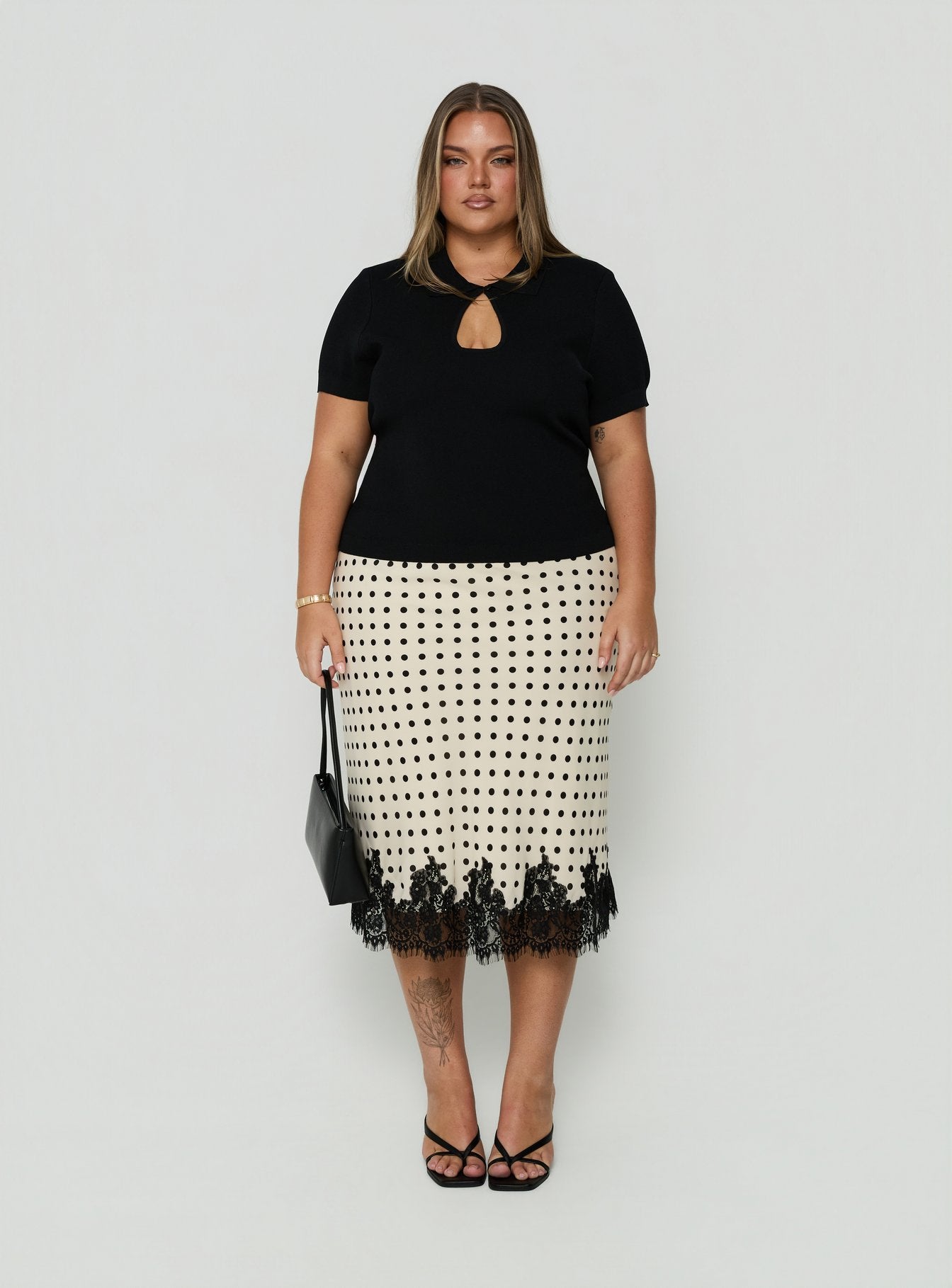 Downtown Scene Lace Trim Maxi Skirt Cream Polka Curve