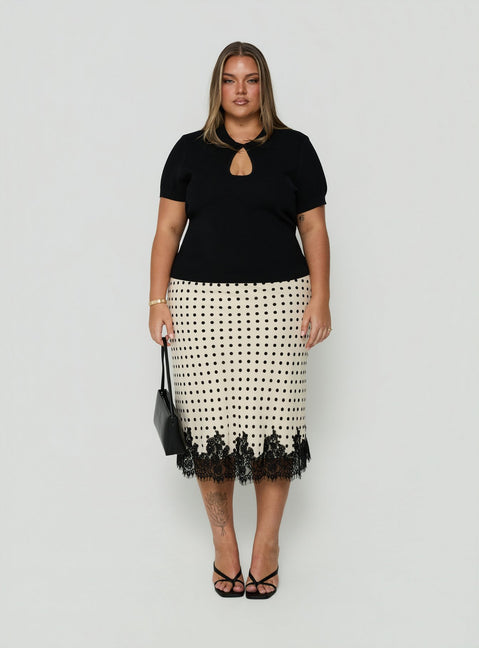 Downtown Scene Lace Trim Maxi Skirt Cream Polka Curve