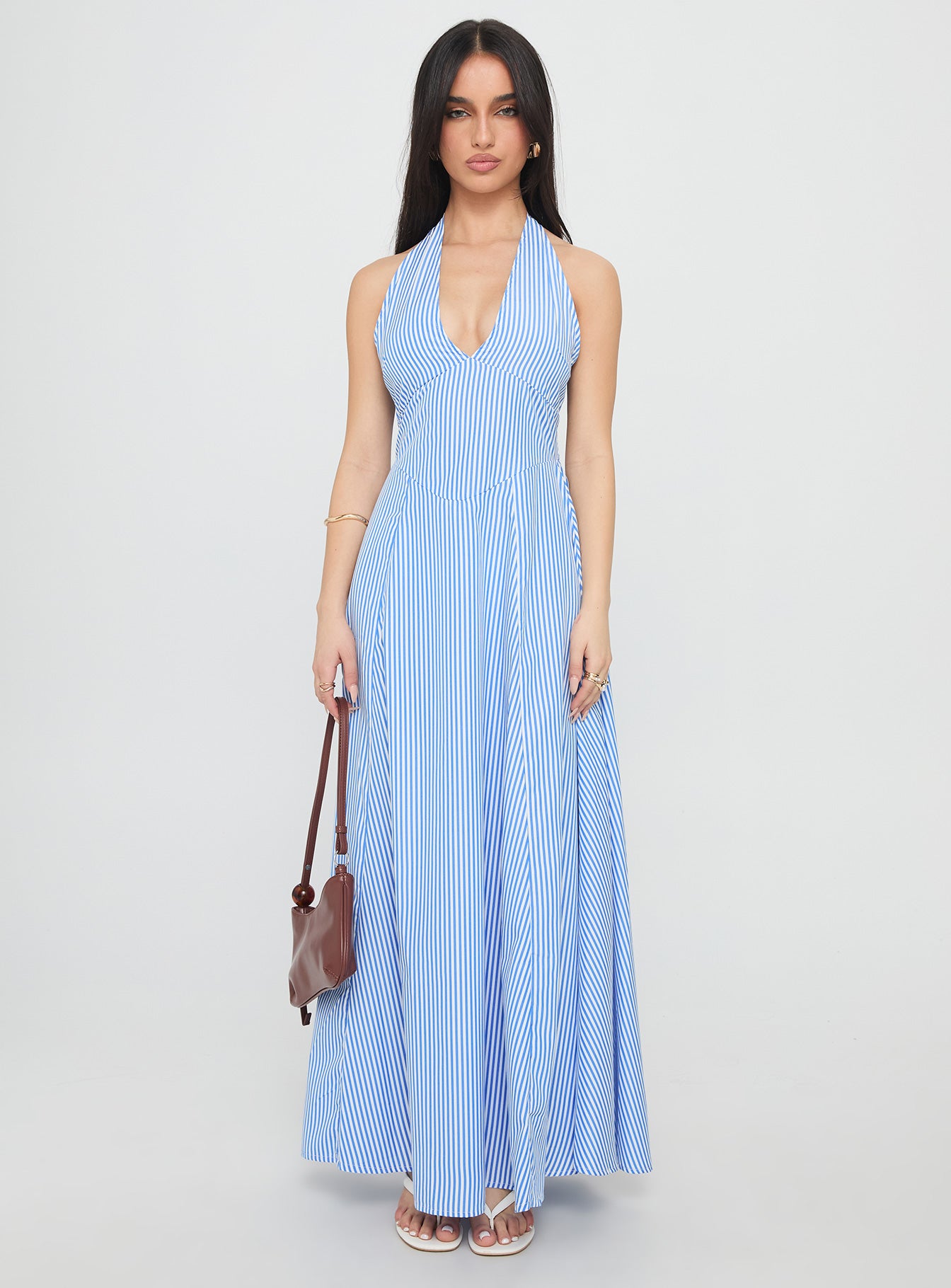 Ivie Halter Plunge Maxi Dress Blue Stripe | Princess Polly Ivie Halter Plunge Maxi Dress Blue Stripe | Princess Polly