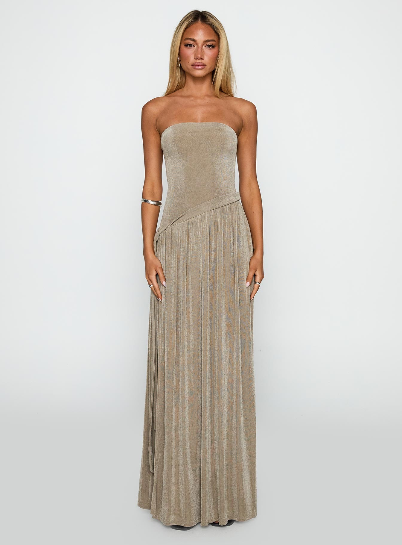 front view of model wearing Princess Polly Inka Strapless Maxi Dress Taupe Straight Neck 