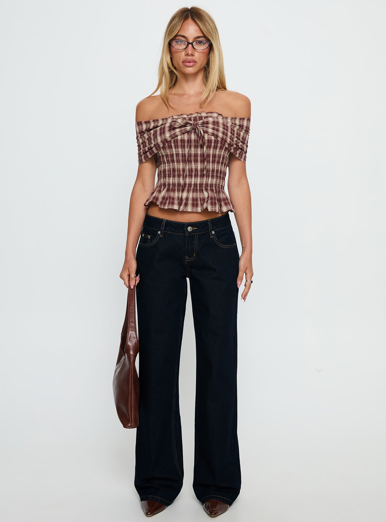 【unsually】Check Off-shoulder/ brown Avalynn Off Shoulder Shirred Top Brown Check | Princess Polly