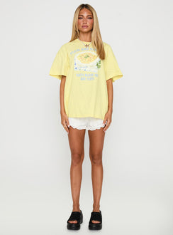 side view of model wearing Princess Polly Pasta Makes You Fasta Oversized Tee Yellow Half Sleeves Crew Neck 