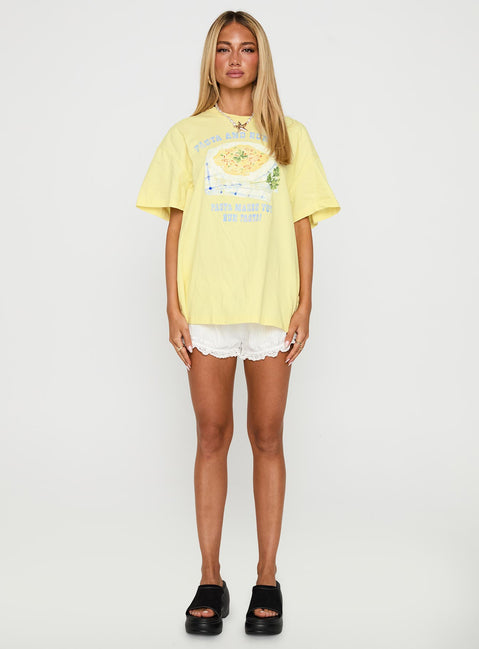 side view of model wearing Princess Polly Pasta Makes You Fasta Oversized Tee Yellow Half Sleeves Crew Neck 