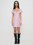 front view of model wearing Princess Polly Jaxton Mini Dress Pink Multi Square Neck 