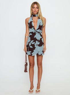 Cecily Scarf Halter Mini Dress Blue Floral