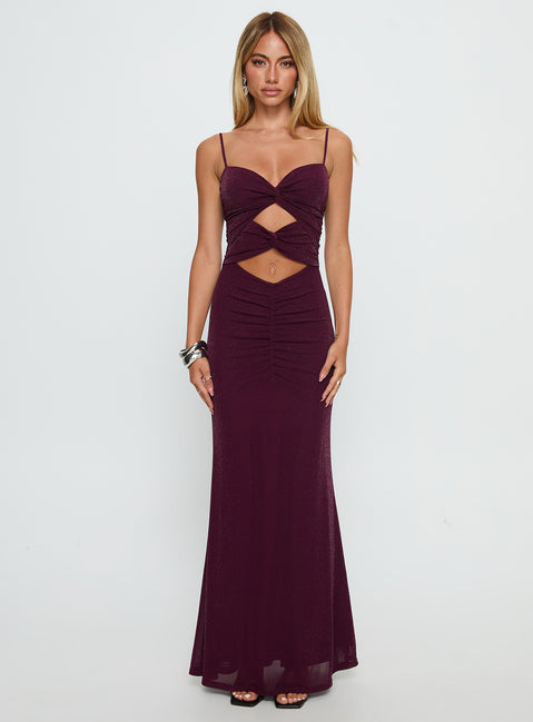 cut out maxi dress with thigh split Amilya Cut Out Maxi Dress | Plum | Womens