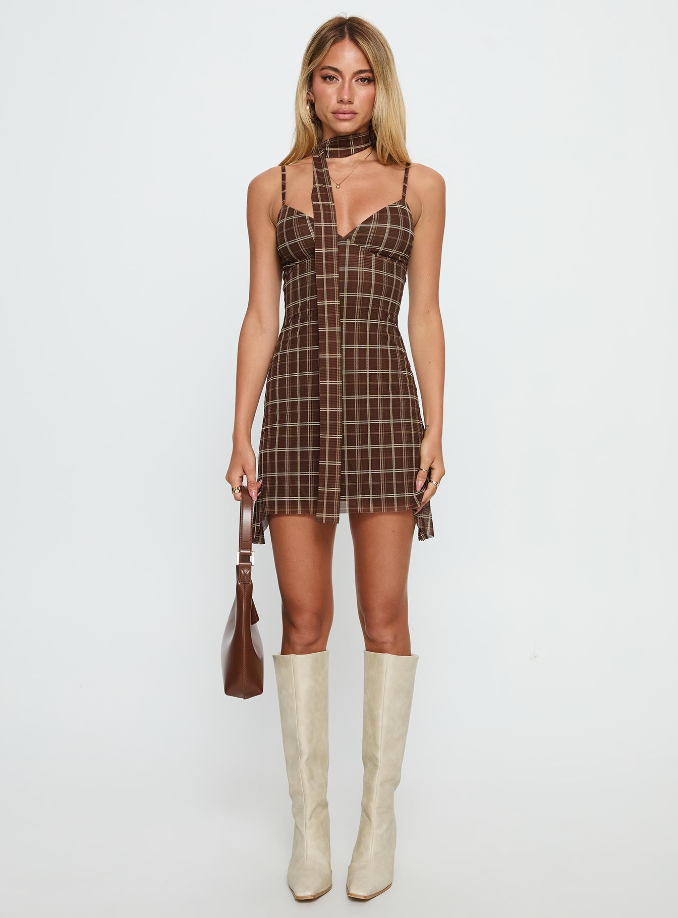 Love Unknown Scarf Tie Mini Dress Brown Check