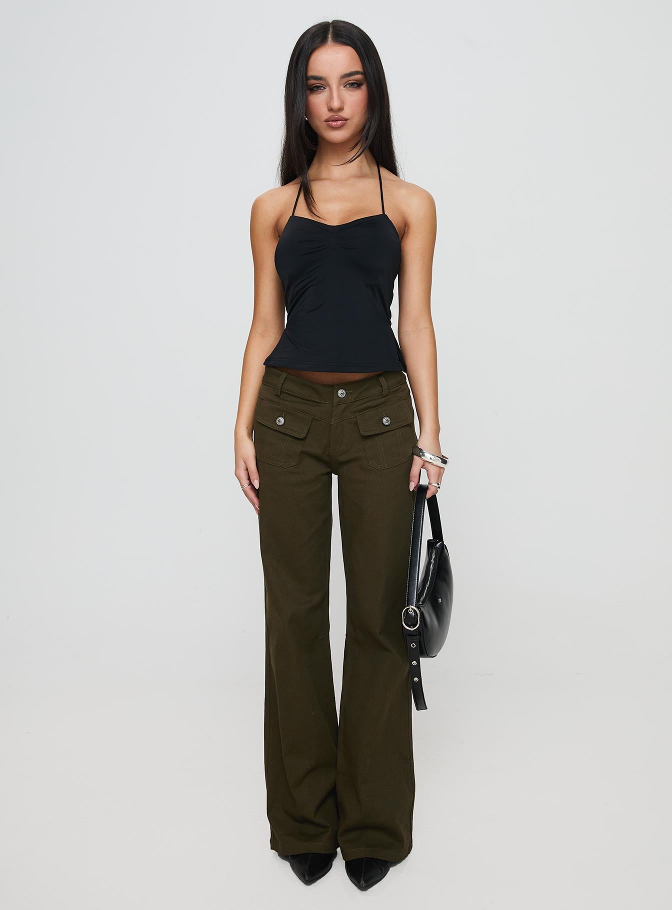 side view of model wearing Princess Polly Benicale Low Rise Cargo Pants Olive 