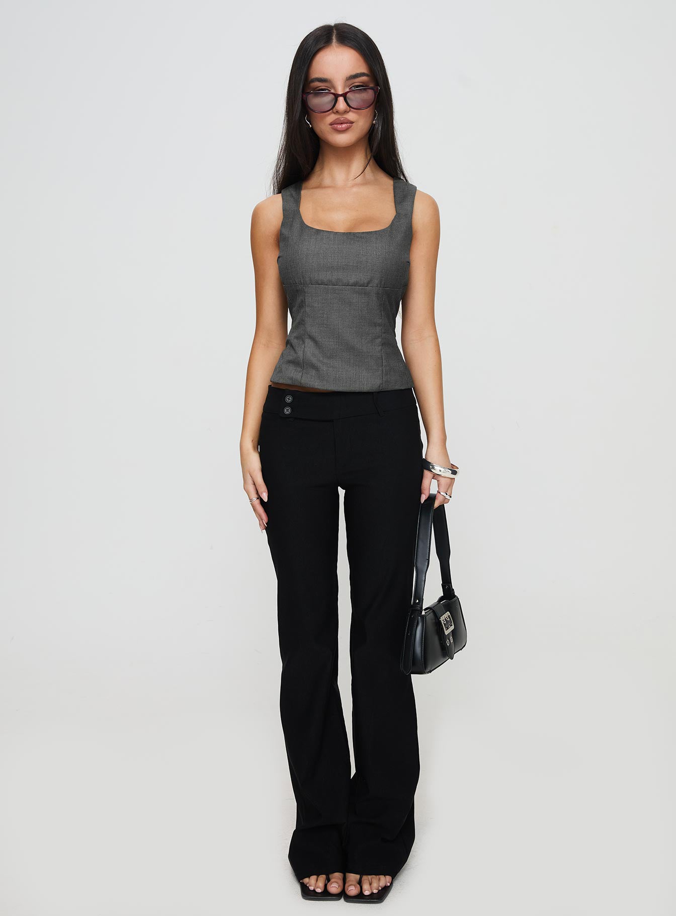 front view of model wearing Princess Polly Desni Top Grey Sleeveless Scoop Neck 