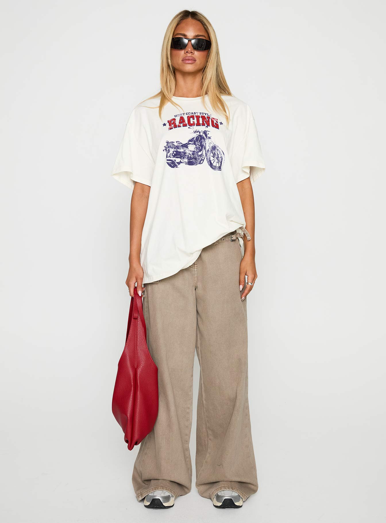 back view of model wearing Princess Polly West Coast Style Oversized Top White Half Sleeves Crew Neck 