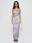 side view of model wearing Princess Polly Norila Maxi Dress Slinky Orchid Petals Lilac Square Neck 