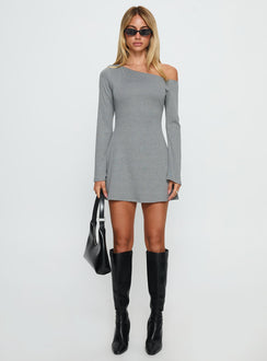 Adrietta Off Shoulder Long Sleeve Mini Dress Grey Marle
