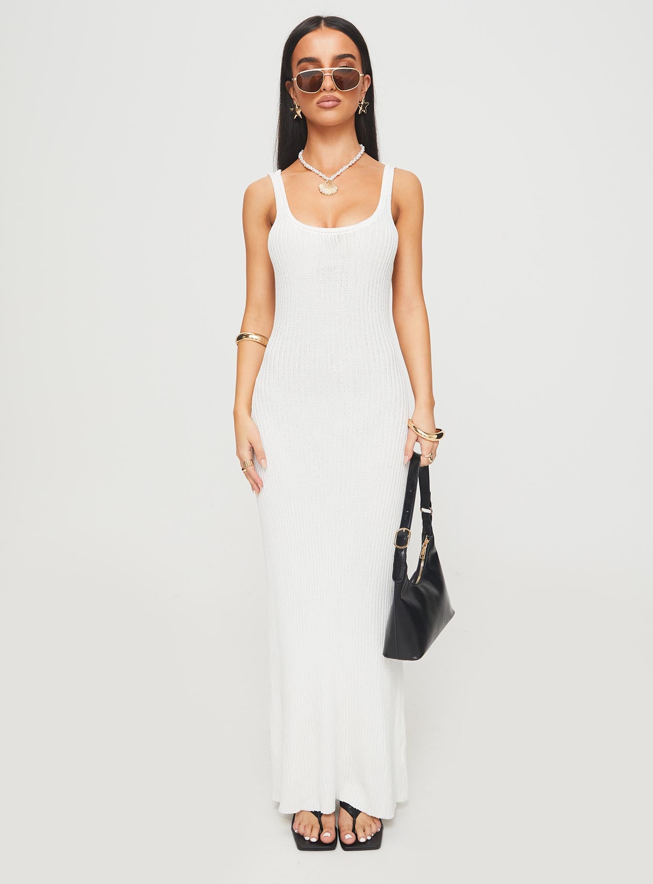 front view of model wearing Princess Polly Spirited Maxi Dress White Scoop Neck 