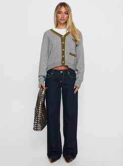 front view of model wearing Princess Polly Atira Contrast Knit Cardigan Grey Cropped 