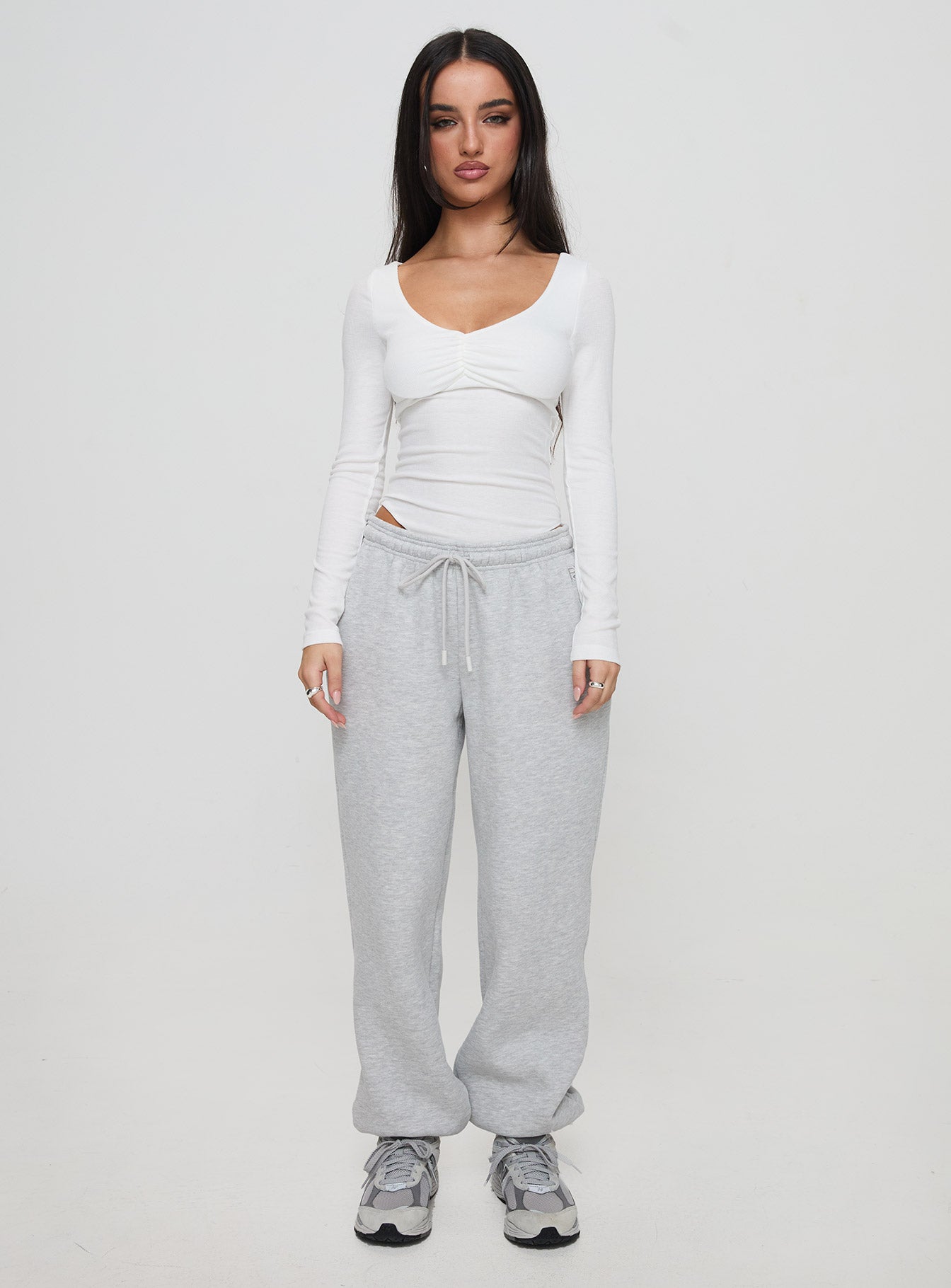 side view of model wearing Princess Polly Lunella Bodysuit White Full Sleeves 