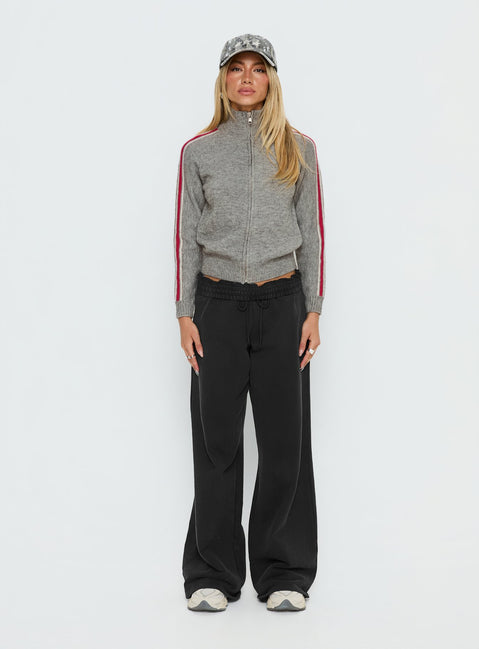 side view of model wearing Princess Polly Caysey Zip Through Knit Sweater Grey cropped 