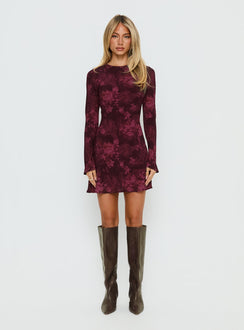 Vivre Long Sleeve Mini Dress Burgundy Paisley