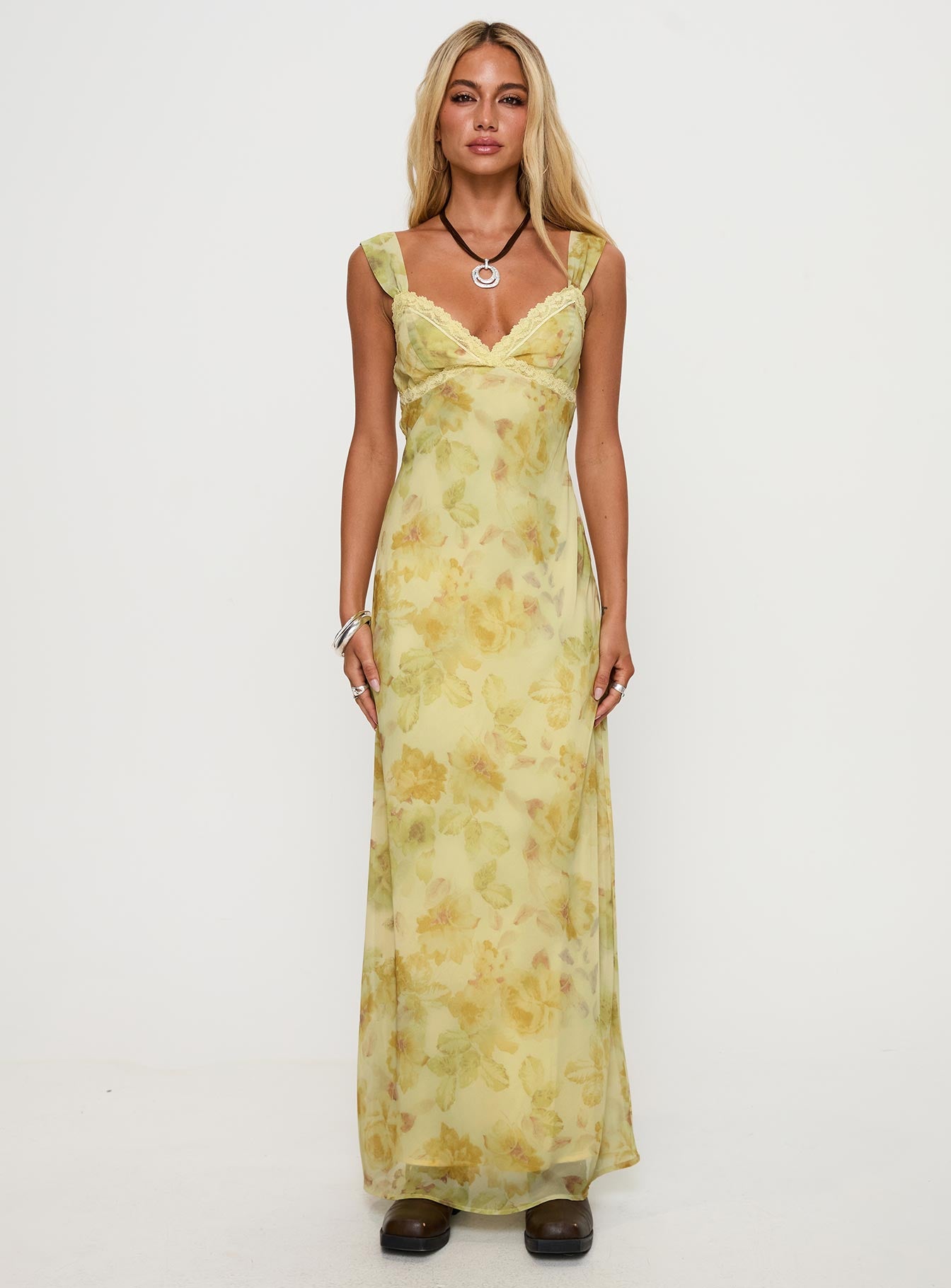 front view of model wearing Princess Polly Fernwood Maxi Dress Yellow Multi Plunger 