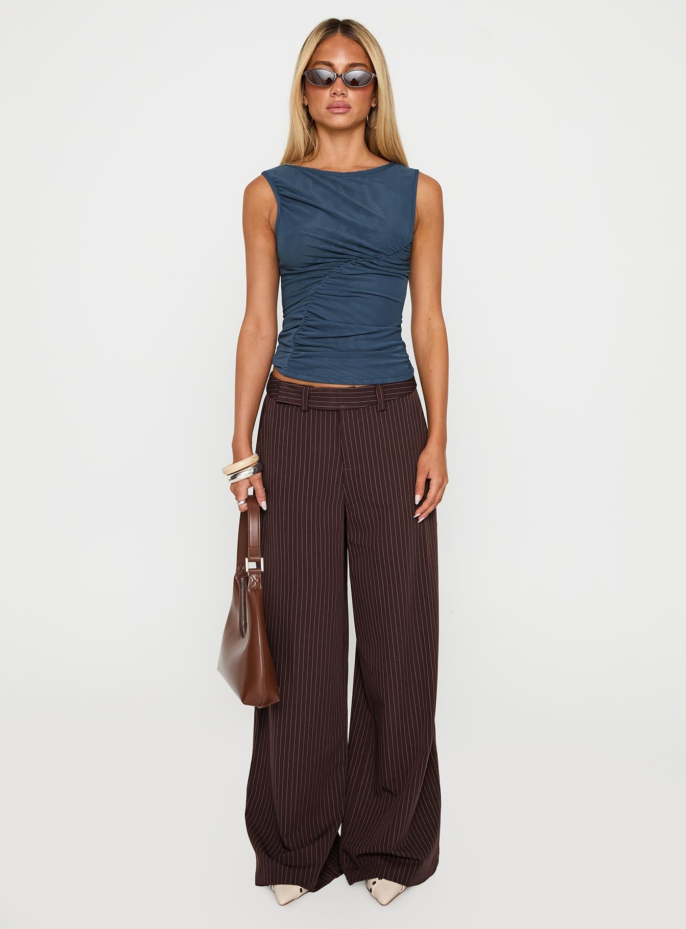 front view of model wearing Princess Polly Lustre Wide Leg Pant Brown Pinstripe Low Rise Pants 
