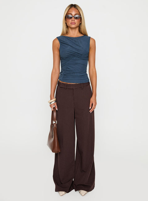front view of model wearing Princess Polly Lustre Wide Leg Pant Brown Pinstripe Low Rise Pants 