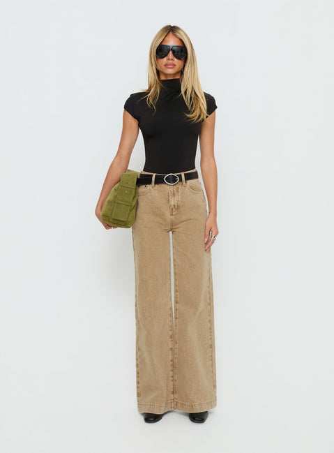 front view of model wearing Princess Polly Goldie High Rise Wide Leg Jeans Tan High Rise Jeans 