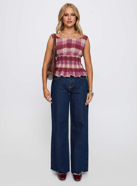 front view of model wearing Princess Polly Sweet Honey Frill Top Pink Check Sleeveless Boat Neck 