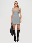 front view of model wearing Princess Polly Macaroni Mini Dress Grey Scoop Neck 